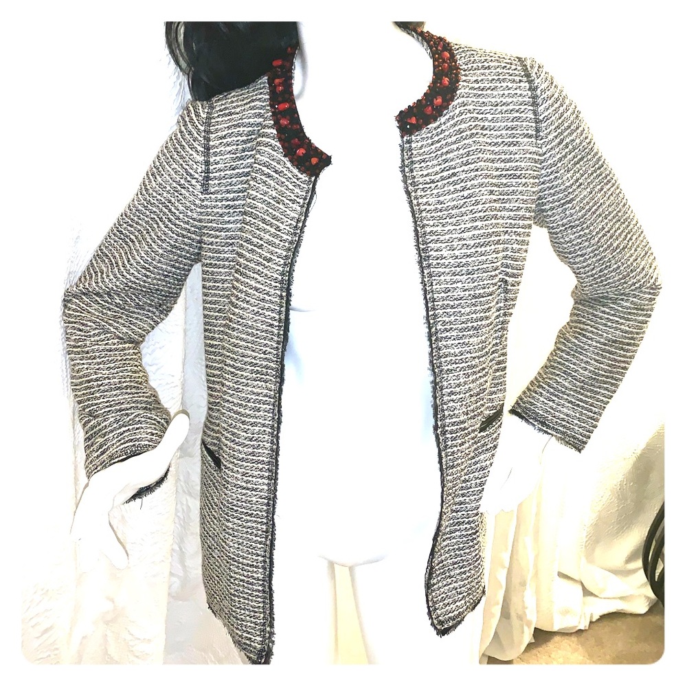 GORGEOUS tweed style jacket with beaded neckline